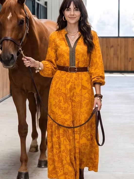 Rusttydustty Dresses & Skirts - Boho Floral Mustard Maxi Dress with Belt XL